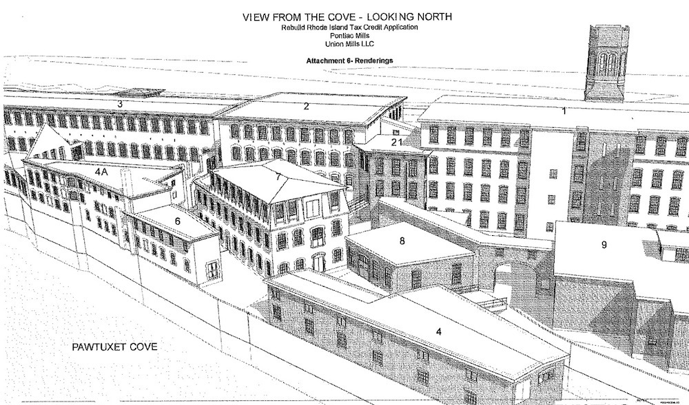 Cover illustration of an ambitious restoration plan from 2014 for Pontiac Mills in Warwick, RI