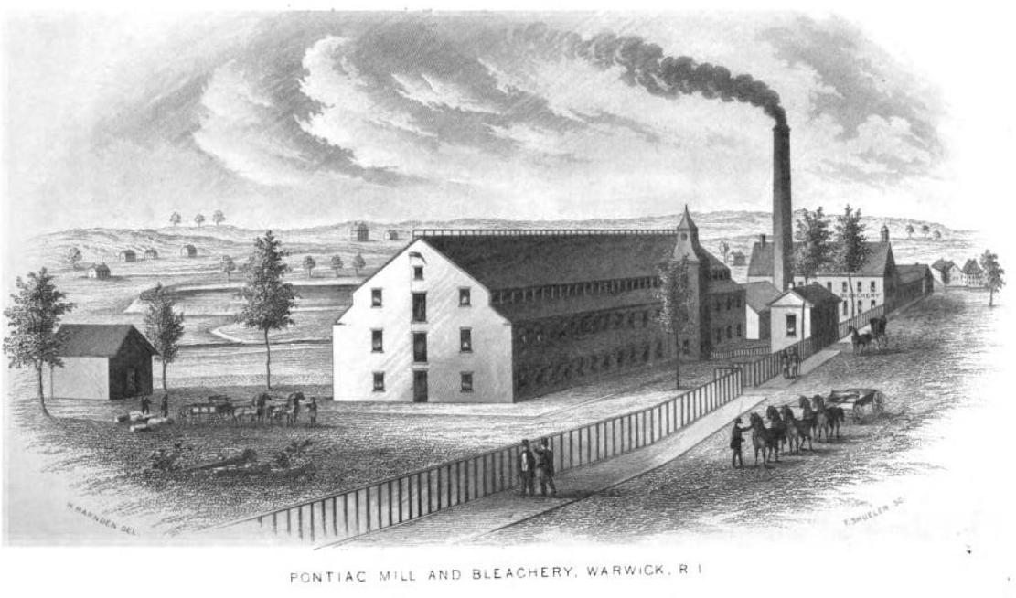 1863 illustration of Pontiac Mills in Warwick, RI