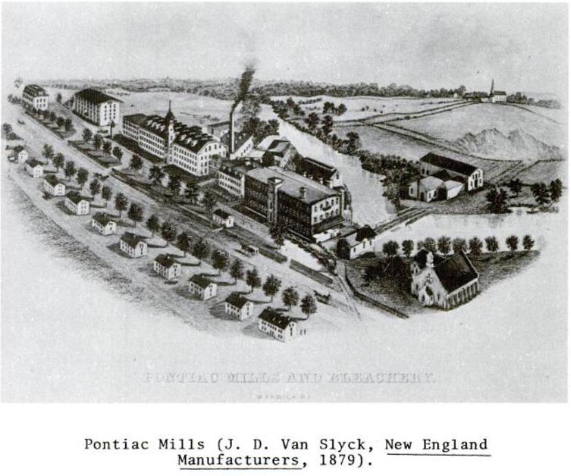 1879 illustration of Pontiac Mills in Warwick, RI