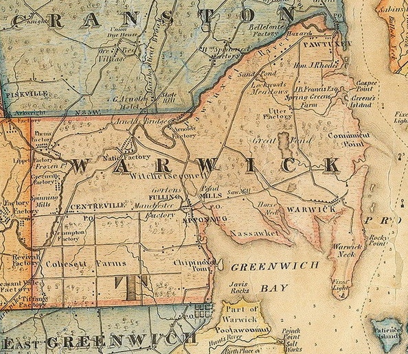 1831 map of Warwick, RI showing the location of Arnold's Factory